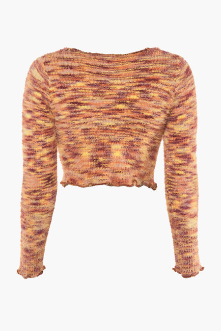 Maillot orange avec col rond de 24 couleurs, avec un motif rayé dans différentes couleurs chaudes et des manches longues.