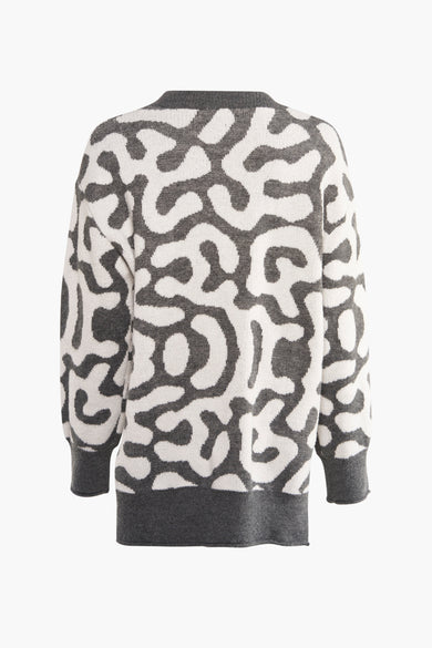 Sweat-shirt gris avec col rond de 24 couleurs, avec un motif abstrait gris et blanc.