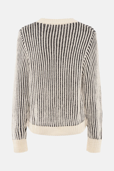 Pull écru à col rond de 24 couleurs, avec un motif rayé vertical sur le dos.