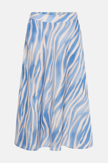 Lange blauwe rok van Terra di Siena, met een zebraprint in blauw en beige.
