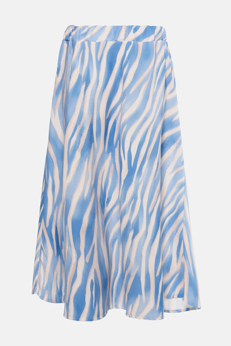 Lange blauwe rok van Terra di Siena met wit-beige zebraprint.
