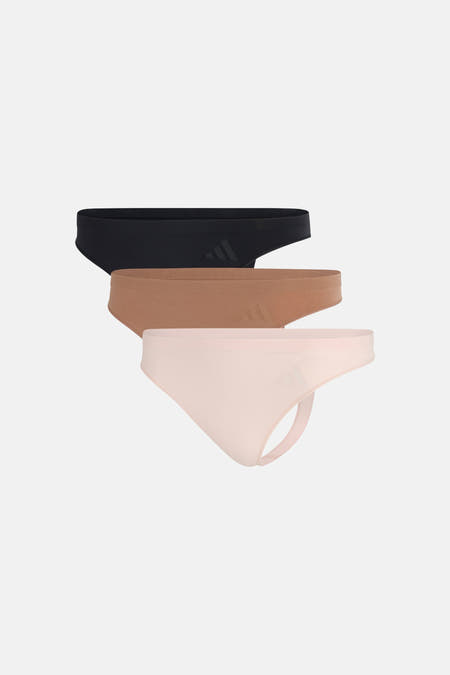 Multicolor stringbroekjes van ADIDAS, zwart, beige en roze, met subtiel logo op elastische tailleband, front view