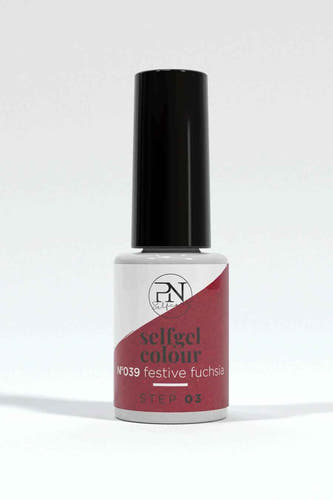 Fuchsia gel nagellak van Pn Selfcare, met een zwart deksel en witte details op de fles.