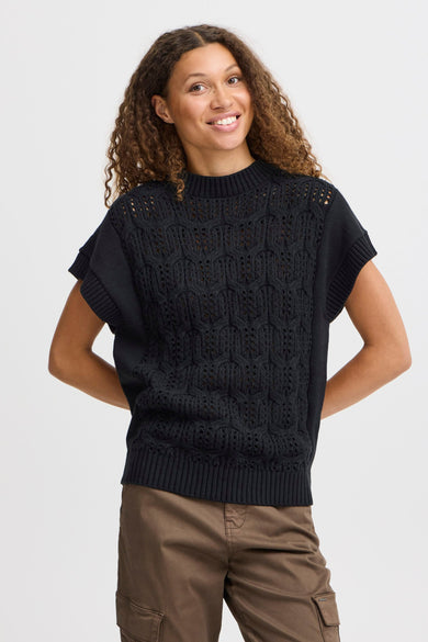 Sweat-shirt noir de PULZ JEANS, avec un motif de rayures ouvert et des manches courtes.