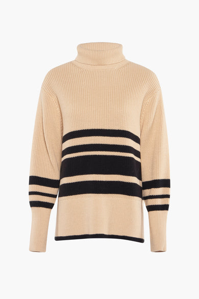 Beige rolkraag trui van PULZ, met zwarte horizontale strepen over het middenrif en de mouwen.