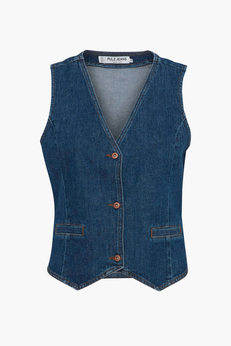 Middenblauwe denim blazer van PULZ Jeans, met V-hals, knoopsluiting en paspelzakken.