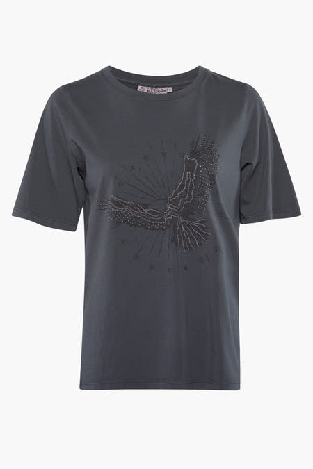 Zwart T-shirt met korte mouwen van PULZ, met een adelaarprint en strass details.
