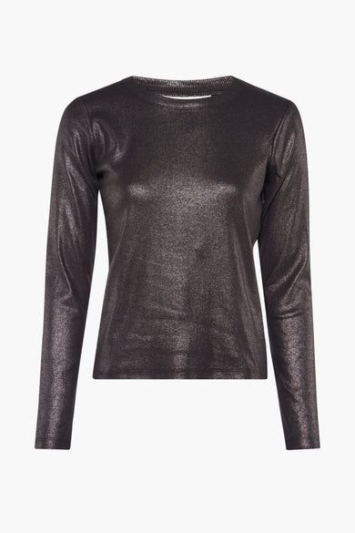 Zwart langarmshirt van PULZ, met een glanzende, metallic textuur op een effen achtergrond.
