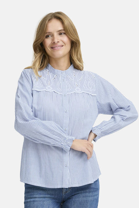 Blauw gestreept overhemd met lange mouwen van PULZ, met kanten details op de schouders, gedragen met jeans.
