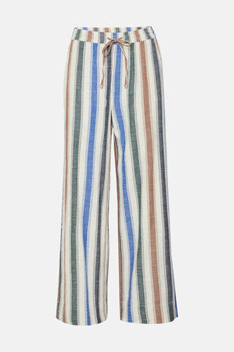 Multikleurige broek van PULZ met verticale strepen en bruin koord in de taille.
