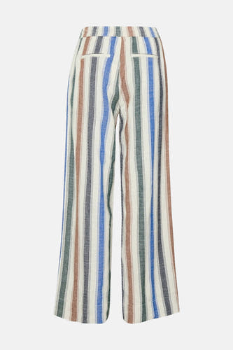 Multikleurige broek van PULZ, met verticale strepen in blauw, bruin, groen en wit.