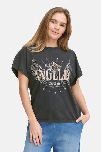 Zwart T-shirt met korte mouwen van PULZ, met 'Los Angeles' print, vleugels, bloemen en sterren.