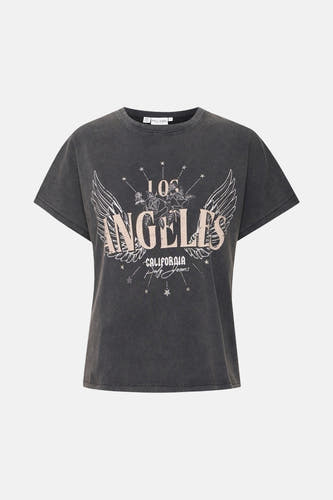 Zwart T-shirt met korte mouwen van PULZ Jeans, met Los Angeles-opdruk, vleugels en sterren.