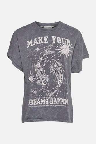 Grijs T-shirt met korte mouwen van PULZ JEANS, met een opdruk van vissen en spirituele teksten.
