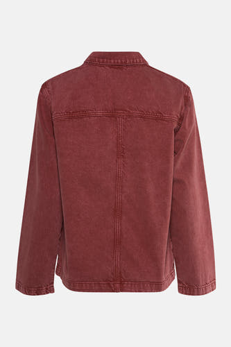 Rode jeansjas van PULZ, met een klassieke kraag en zichtbare stikdetails op de achterkant.
