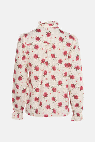 Wit, lange mouwen hemd van PULZ met roze bloemenpatroon en een geplooid kraagje, gezien van de achterkant.
