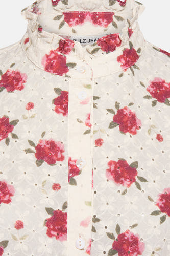 Witte blouse met lange mouwen van PULZ, met rozenprint en broderie details.