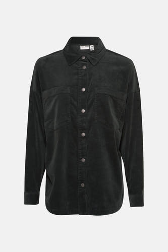 Chemise en corduroy vert de PULZ, avec longues manches, fermeture à boutons et poche poitrine.