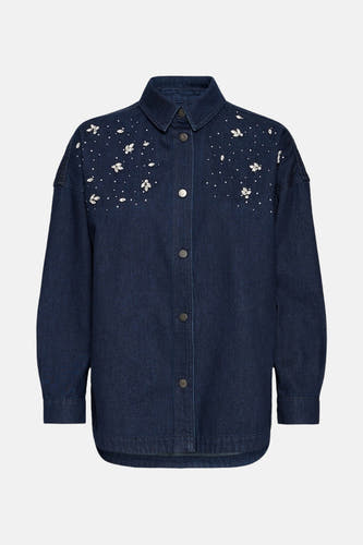 Chemise en jeans bleu marine de PULZ, à longues manches, avec fermeture à boutons et décorations en pierres.