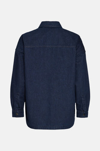 T-shirt en jeans de denim bleu foncé PULZ, dos avec des manches longues et un col classique.