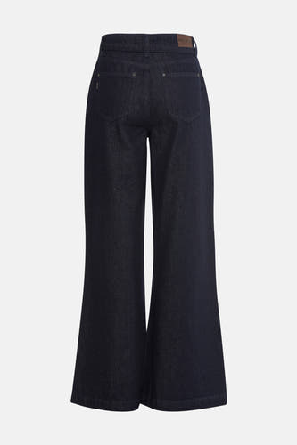 Donkerblauwe wijde jeans van PULZ Jeans, achteraanzicht met steekzakken en tailleband.