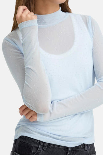 Blauw glitter t-shirt van PULZ, met lange mouwen en een semi-transparante stof.