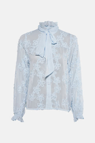 Blauw overhemd met lange mouwen van PULZ, met bloemmotief, lange mouwen en strik bij de hals.