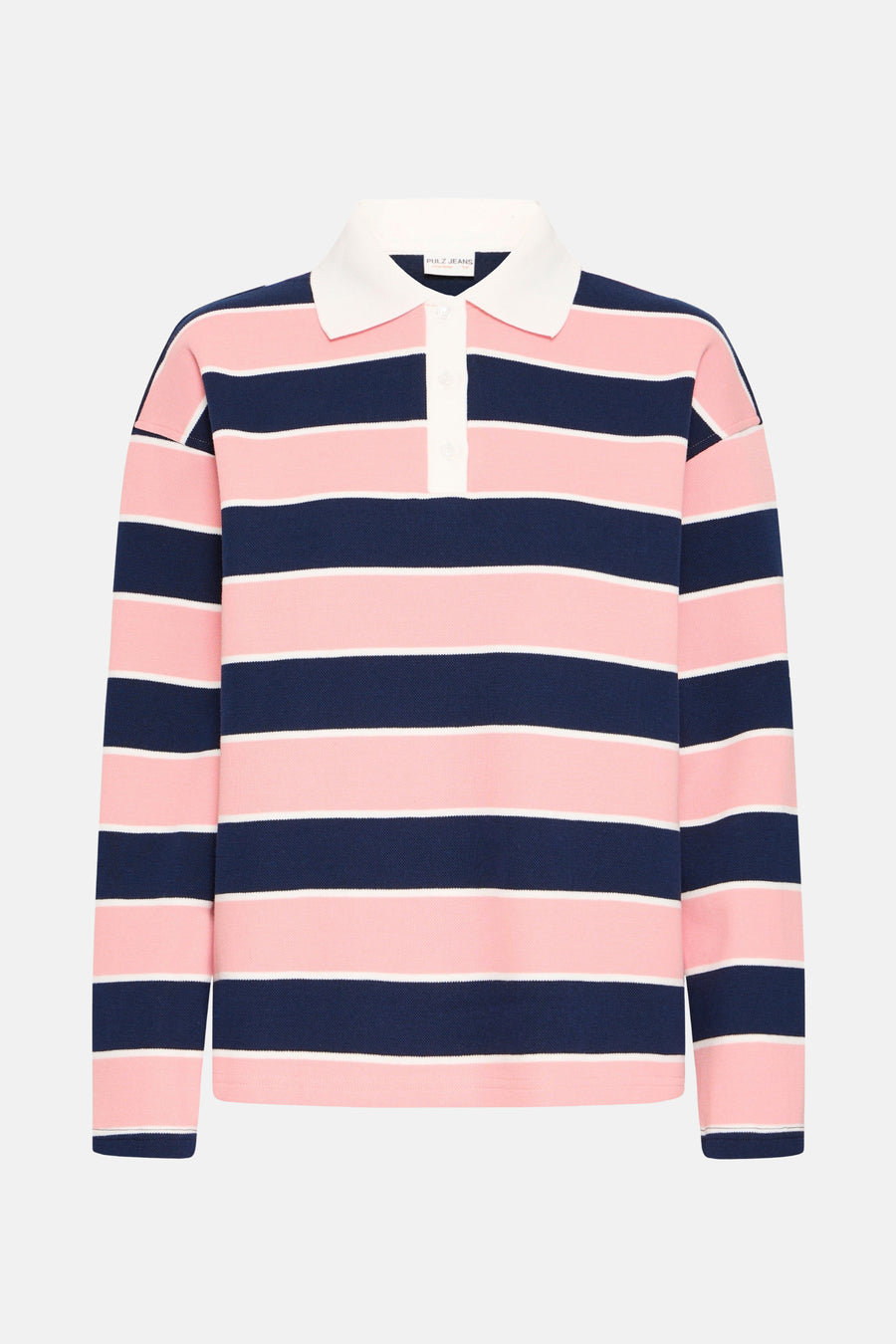 Multikleurige sweater van PULZ met lange mouwen en een gestreept patroon in roze en marineblauw.
