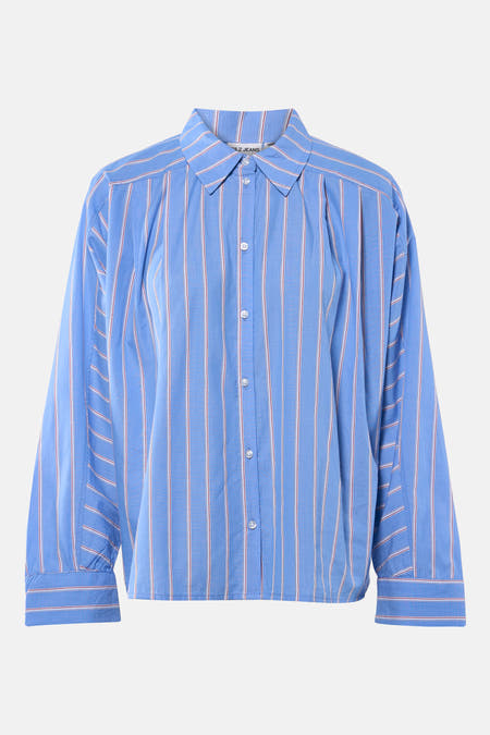 Blauw overhemd met lange mouwen van PULZ Jeans, met een gestreept patroon.