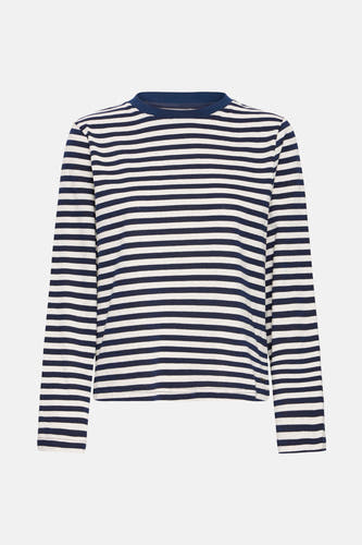 Blauw gestreept T-shirt met lange mouwen van PULZ, met een ronde hals en fijne strepen.
