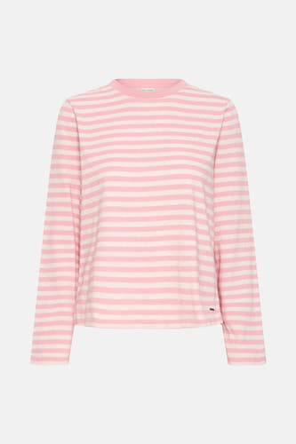 T-shirt rose à manches longues de PULZ Jeans, rayé de rose et de blanc cassé.