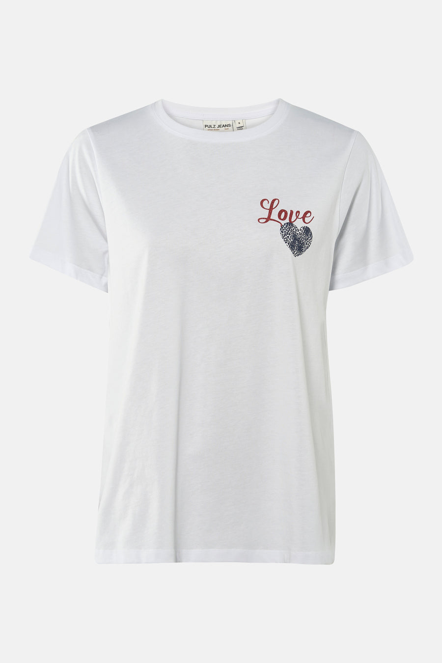 T-shirt blanc à manches courtes de PULZ JEANS, avec du texte "Love" rouge et une impression en forme de cœur.