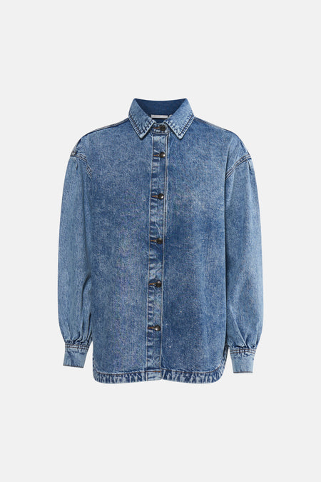 Veste en jean bleu en denim de PULZ, à manches longues et fermeture boutonnée.