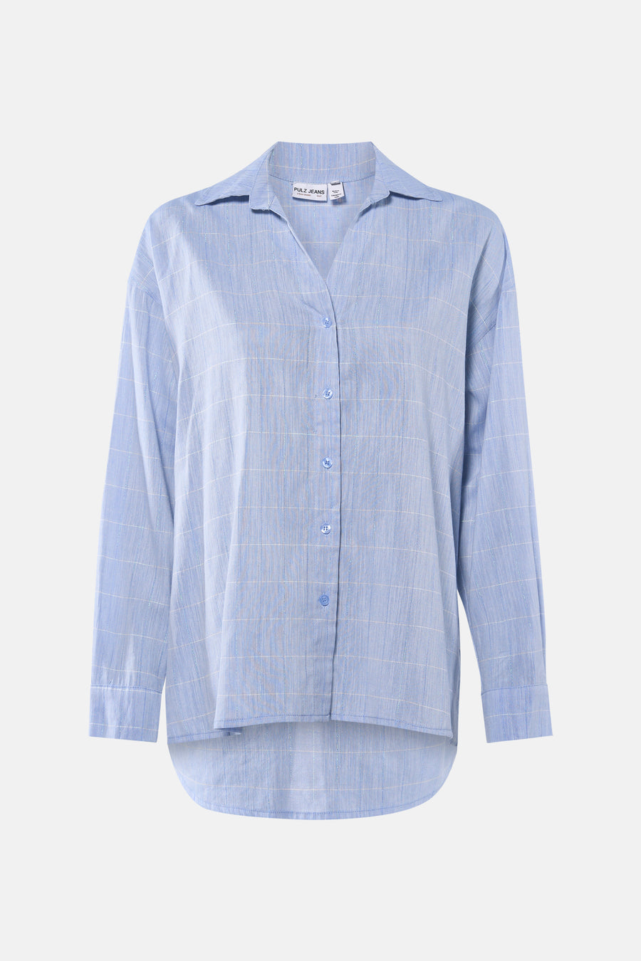 Blauw hemd met lange mouwen van PULZ, met een geruit patroon en knoopsluiting.