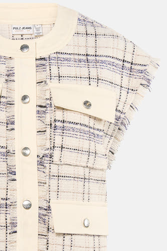 Gilet multicolore de PULZ avec motif losange tissé, bords effilochés et poches à rabat.