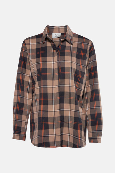 Beige blouse met lange mouwen van Terra di Siena, met een geruit patroon in bruin-, oranje- en zwarttinten.
