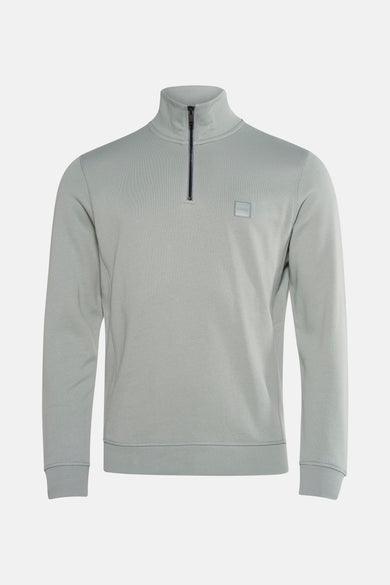 Pull-over vert vert avec col montant de HUGO BOSS ORANGE, à fermeture éclair courte et logo sur la poitrine.
