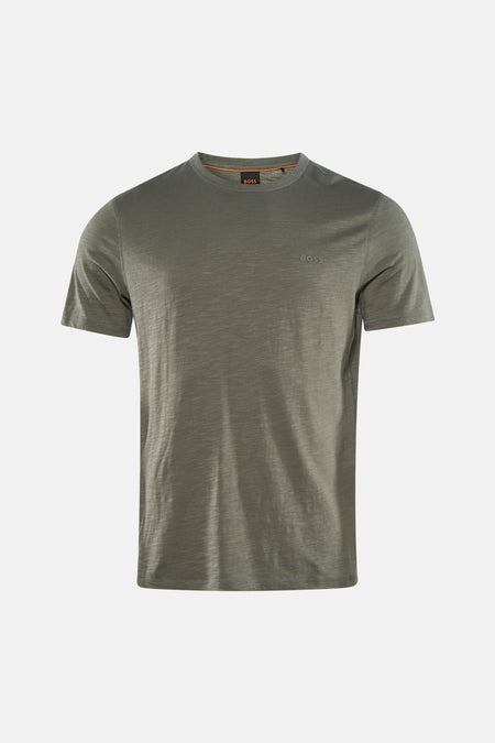 Kaki T-shirt met korte mouwen van BOSS, effen van kleur met subtiele textuur.