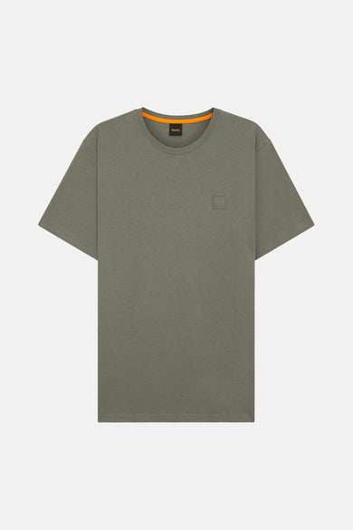 Grijs T-shirt met korte mouwen van HUGO BOSS ORANGE, met een vierkant logo op de borst.