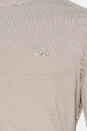 Pull gris à col rond de HUGO BOSS ORANGE, avec une fine structure côtelée et un logo brodé.