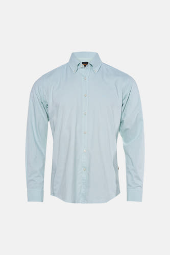 Lichtblauw hemd van HUGO BOSS ORANGE met button-down kraag, geborduurd BOSS-logo en witte knopen.