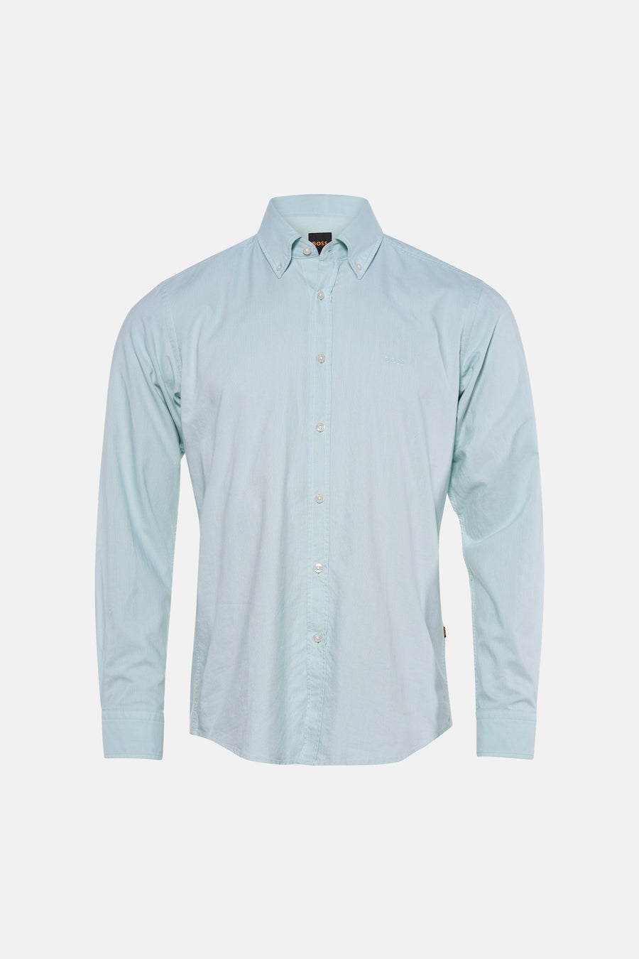 Lichtblauw hemd van HUGO BOSS ORANGE met button-down kraag, geborduurd BOSS-logo en witte knopen.