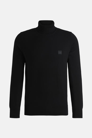 Zwarte trui met rolkraag van HUGO BOSS ORANGE, met fijn gebreide textuur en een discreet logo.

