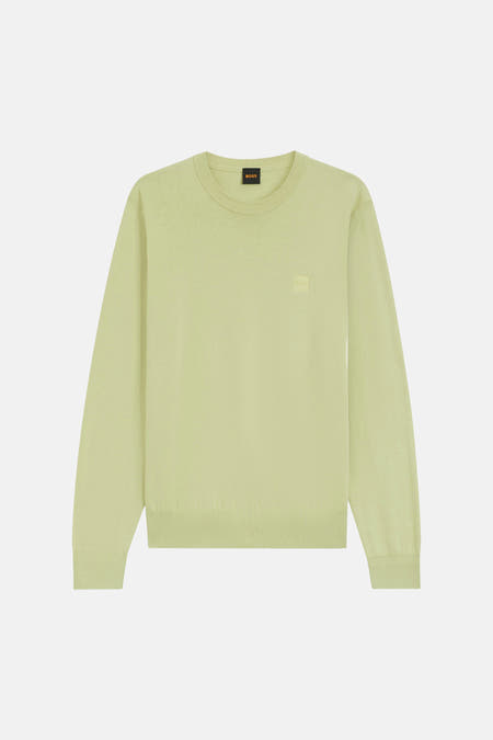 Beige trui met ronde hals van HUGO BOSS ORANGE, met ribgebreide boorden en een subtiel logo op de borst.
