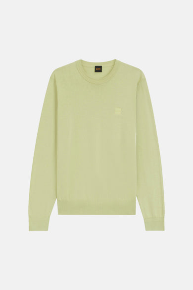 Pull beige à col rond de HUGO BOSS ORANGE, avec des bords côtelés et un logo discret sur la poitrine.