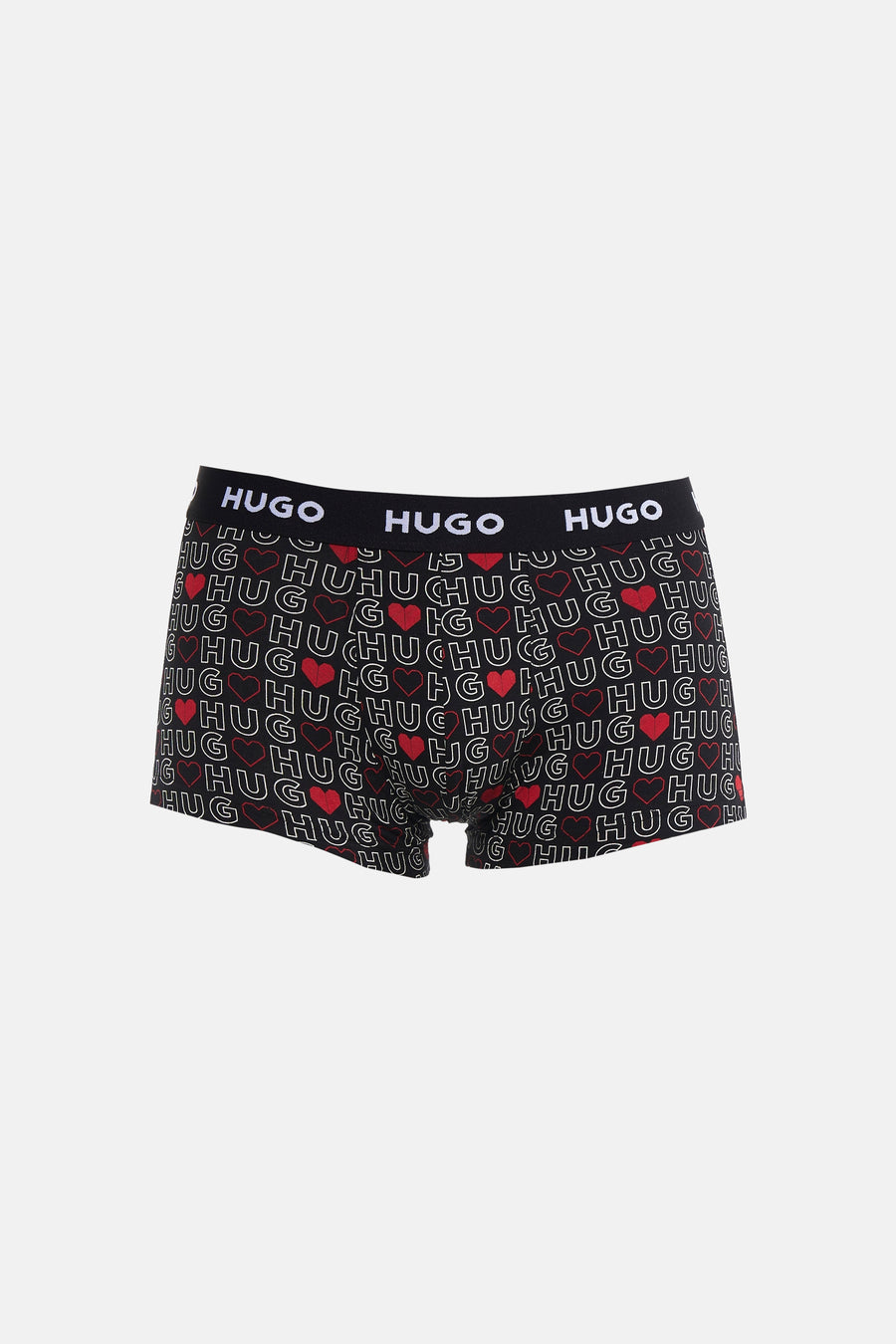 Multikleurige boxershort van HUGO, met herhaald "HUG" patroon en rode hartjes over de gehele short.
