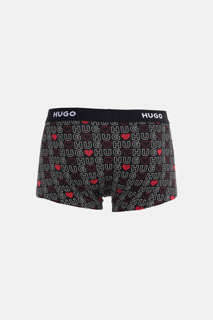 Multikleurige boxershort van HUGO, met een opvallend patroon van 'HUG' logo's en rode harten.
