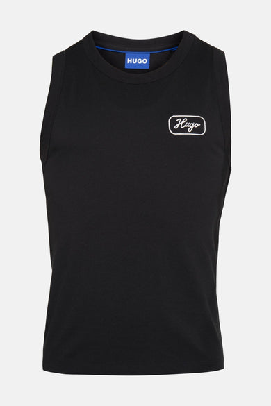 Zwarte tanktop van HUGO BLUE met wit geborduurd logo op borst, ronde hals en blauwe label binnenin