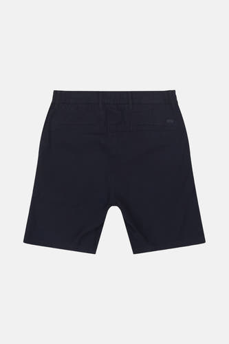 Blauwe short van HUGO BOSS ORANGE, met achterzakken en een elastische tailleband, vanuit de achterkant gezien.