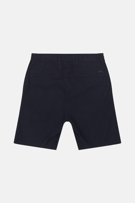 Blauwe short van HUGO BOSS ORANGE, met achterzakken en een elastische tailleband, vanuit de achterkant gezien.